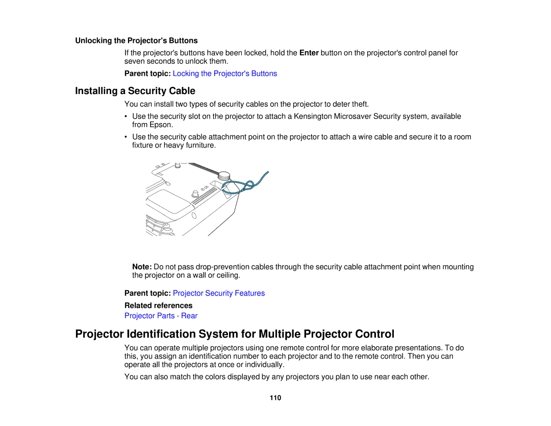 Epson 1975W, 1970W, 1985WU, 1980MWU manual Installing a Security Cable, Unlocking the Projectors Buttons 