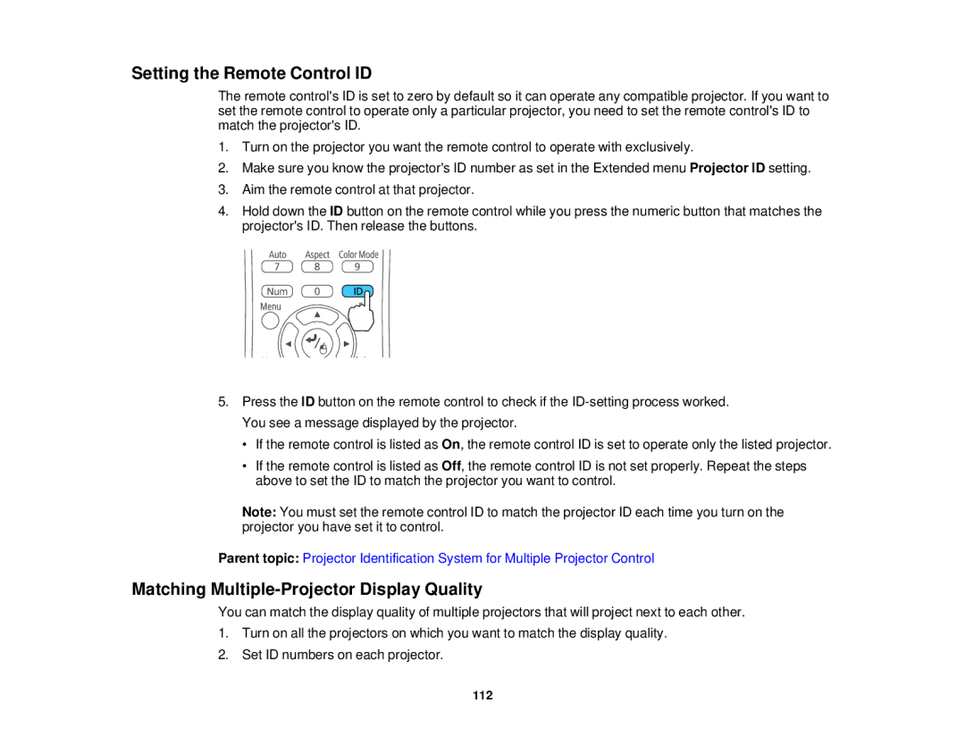 Epson 1970W, 1985WU, 1975W, 1980MWU manual Setting the Remote Control ID, Matching Multiple-Projector Display Quality 