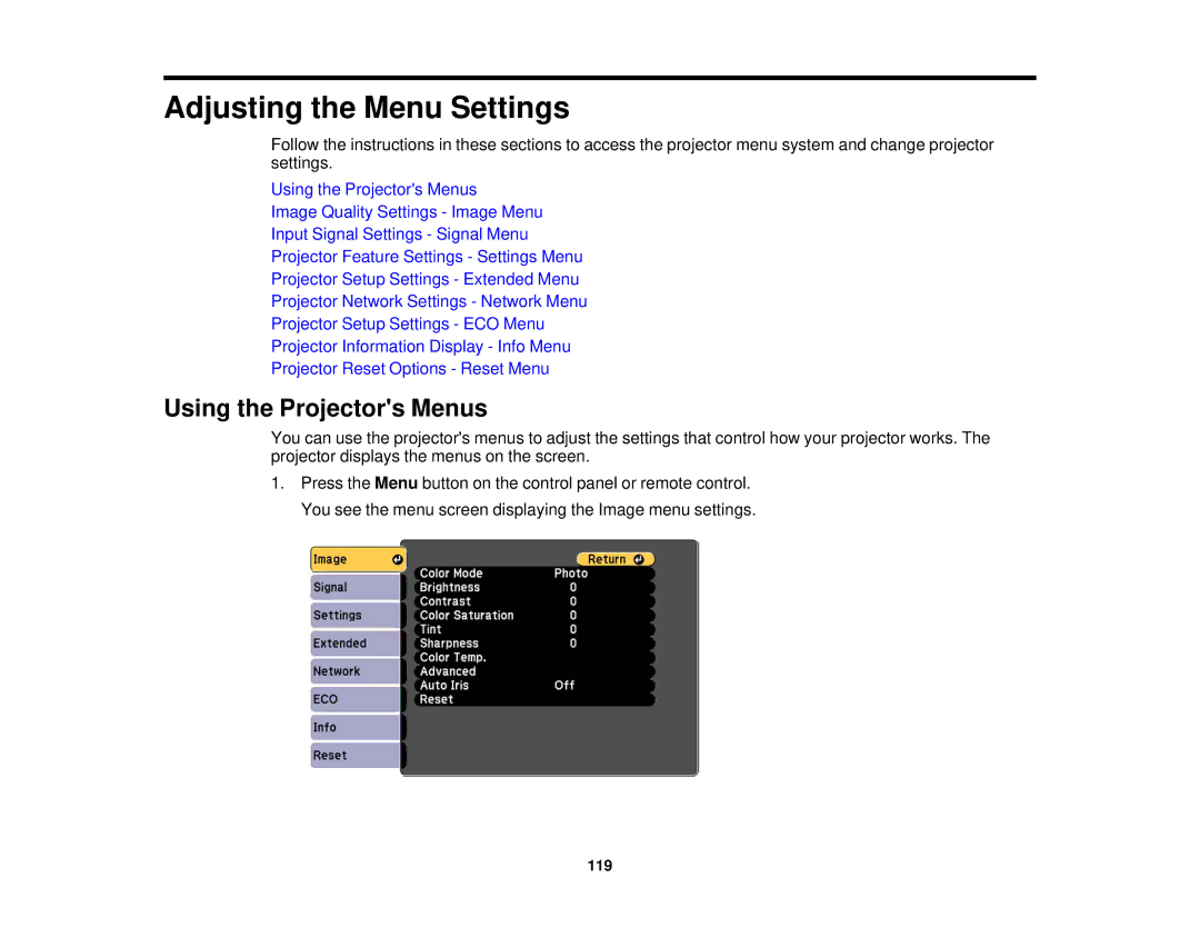 Epson 1980MWU, 1970W, 1985WU, 1975W manual Adjusting the Menu Settings, Using the Projectors Menus 