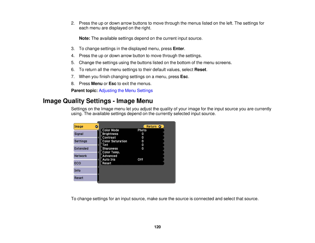 Epson 1970W, 1985WU, 1975W, 1980MWU manual Image Quality Settings Image Menu 