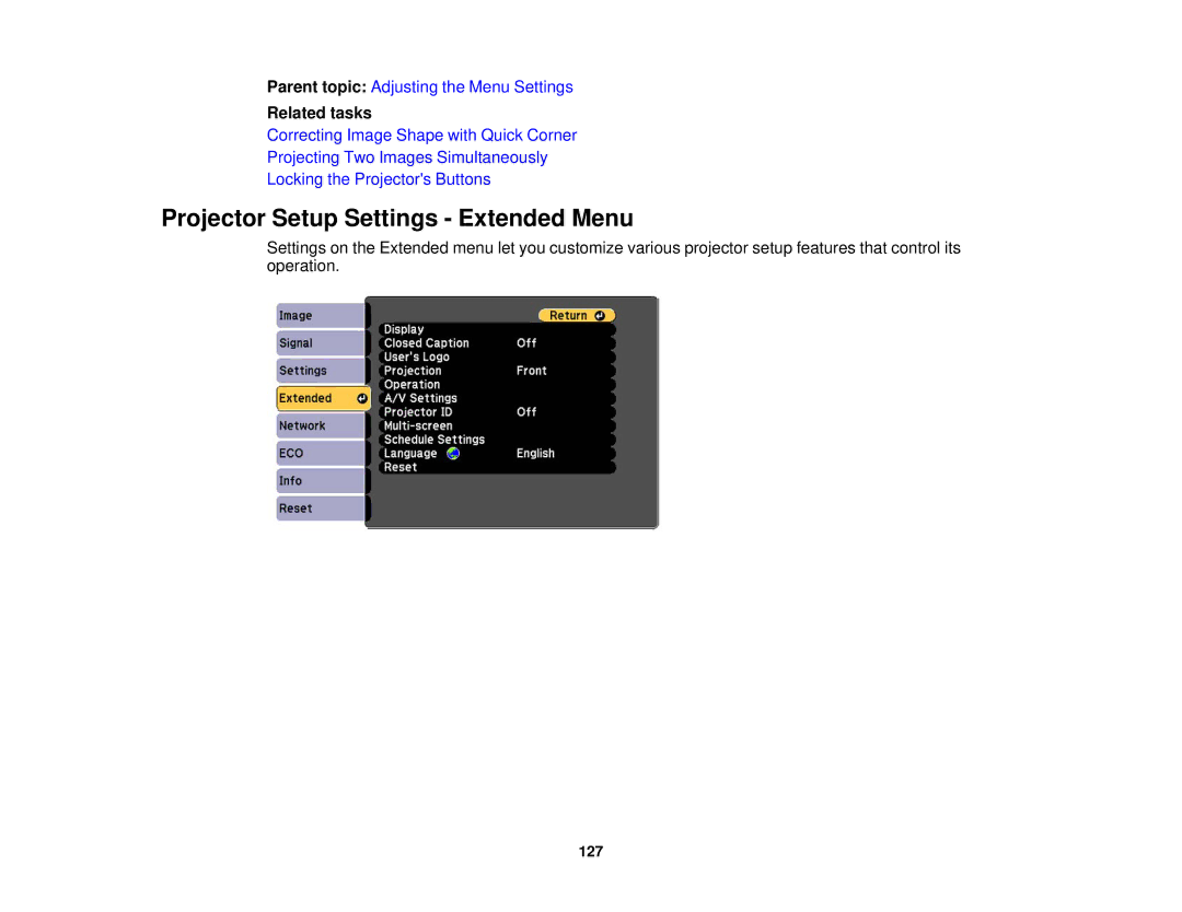 Epson 1980MWU, 1970W, 1985WU, 1975W manual Projector Setup Settings Extended Menu, Related tasks 