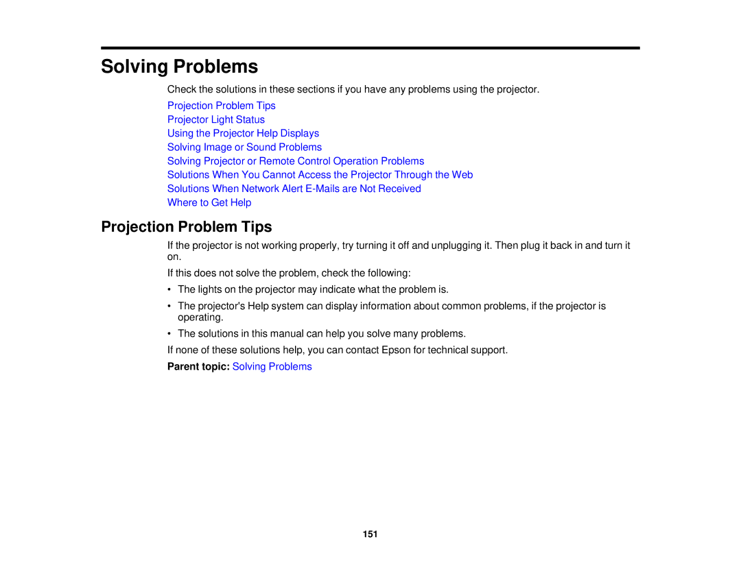 Epson 1980MWU, 1970W, 1985WU, 1975W manual Solving Problems, Projection Problem Tips 