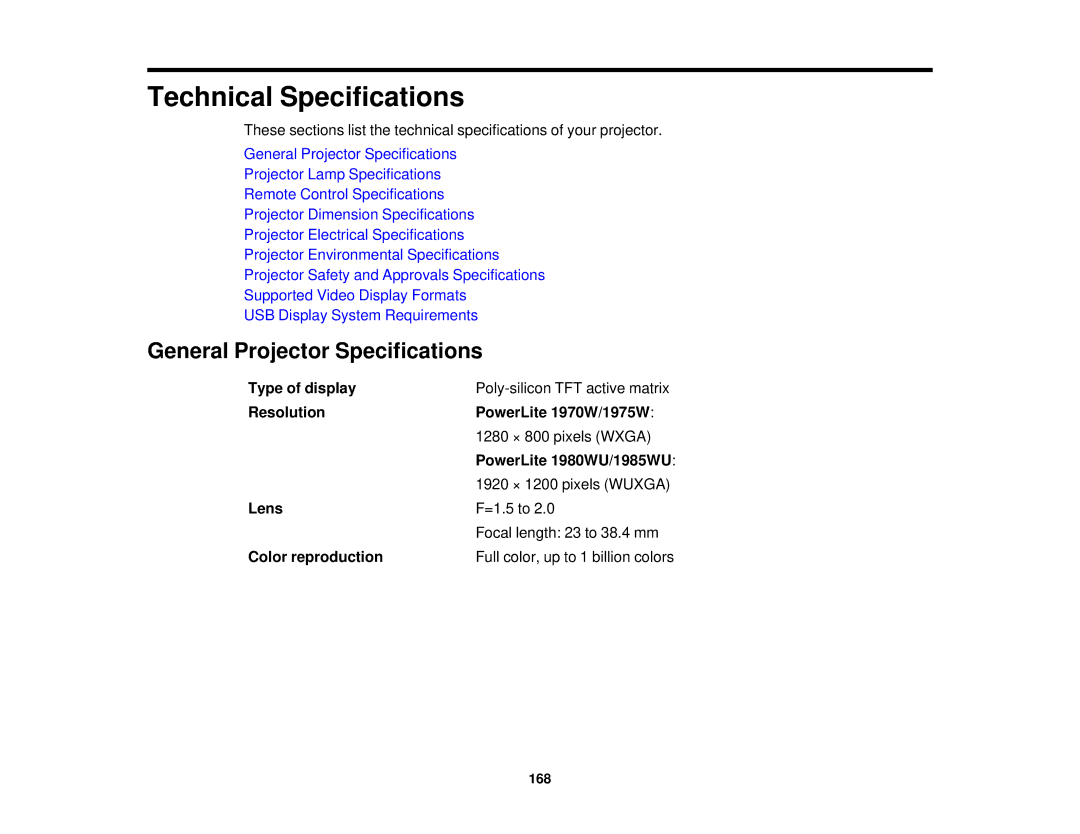 Epson General Projector Specifications, Type of display, Resolution PowerLite 1970W/1975W, Lens, Color reproduction 