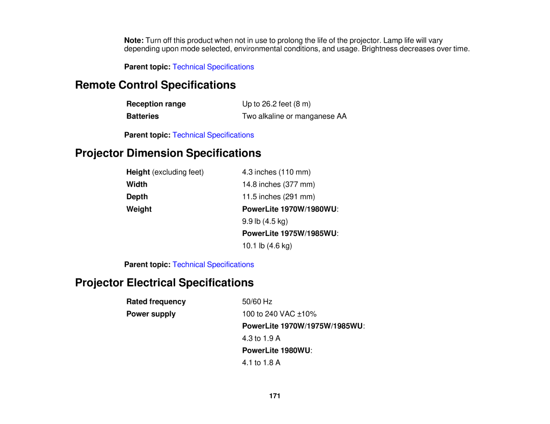 Epson 1980MWU manual Remote Control Specifications, Projector Dimension Specifications, Projector Electrical Specifications 