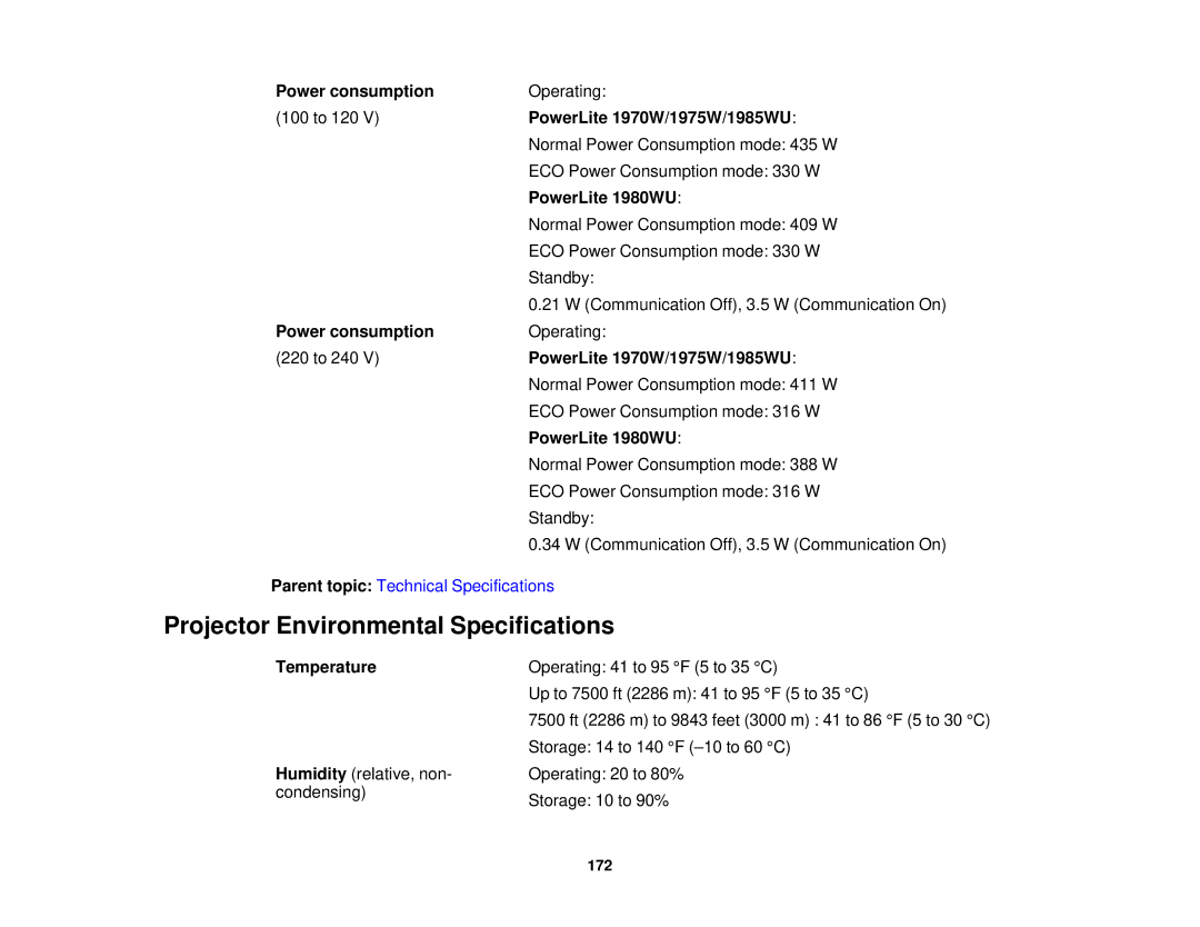 Epson 1970W, 1985WU, 1975W, 1980MWU manual Projector Environmental Specifications, Temperature 