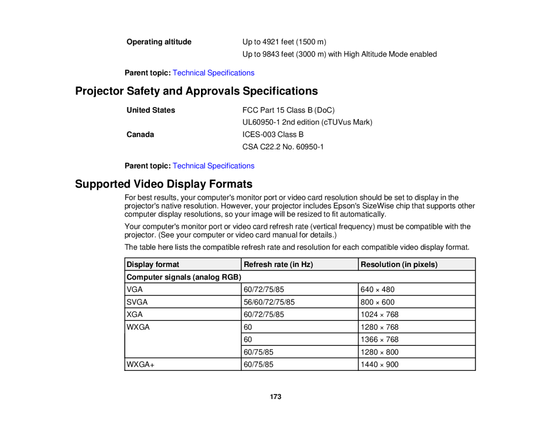 Epson 1985WU, 1970W, 1975W, 1980MWU manual Projector Safety and Approvals Specifications, Supported Video Display Formats 