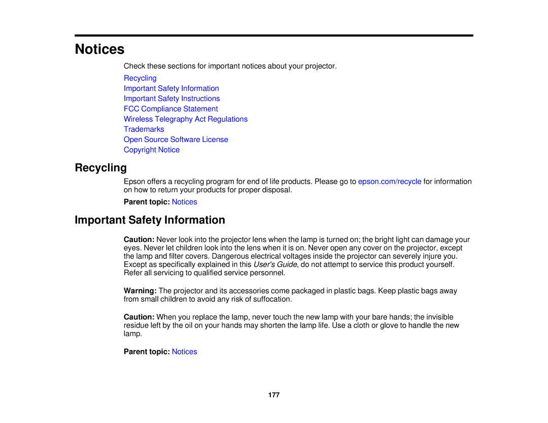 Epson 1985WU, 1970W, 1975W, 1980MWU manual Recycling, Important Safety Information, Parent topic Notices 