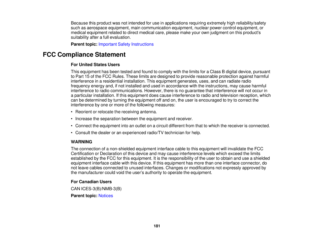 Epson 1985WU, 1970W, 1975W, 1980MWU manual FCC Compliance Statement, For United States Users, For Canadian Users 