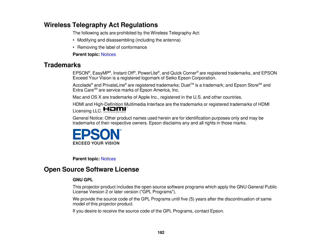 Epson 1975W, 1970W, 1985WU, 1980MWU manual Wireless Telegraphy Act Regulations, Trademarks, Open Source Software License 