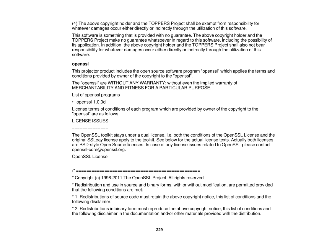 Epson 1985WU, 1970W, 1975W, 1980MWU manual Openssl, License Issues 