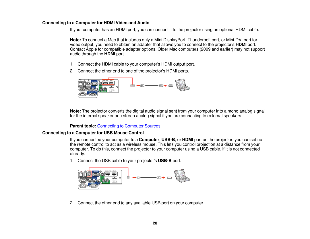 Epson 1970W, 1985WU manual Connecting to a Computer for Hdmi Video and Audio, Connecting to a Computer for USB Mouse Control 