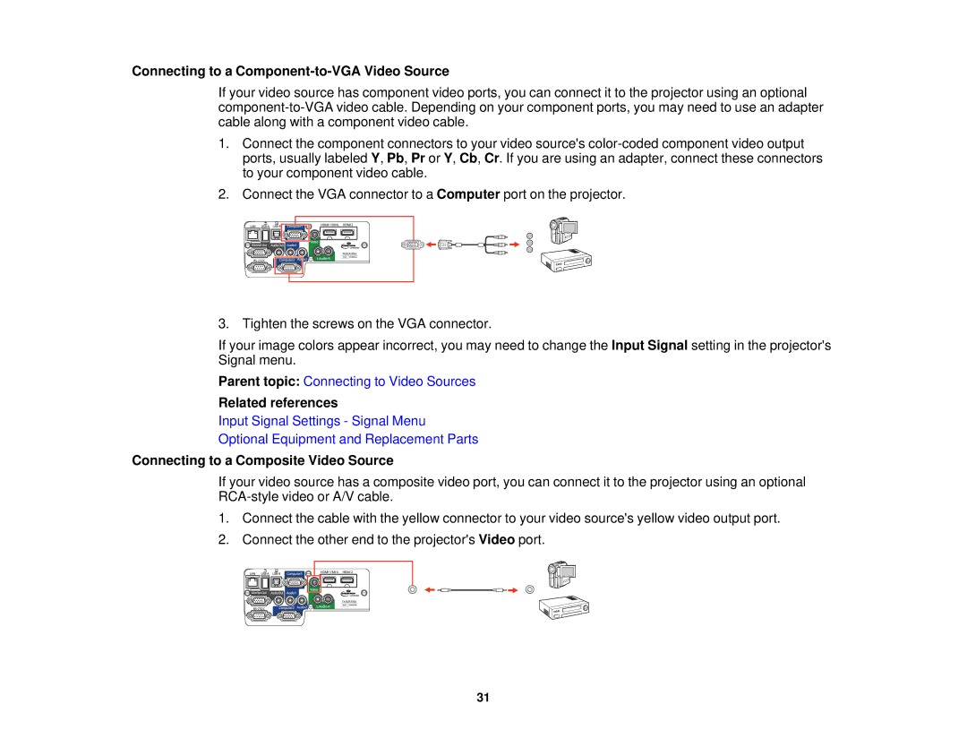 Epson 1980MWU, 1970W, 1985WU, 1975W Connecting to a Component-to-VGA Video Source, Connecting to a Composite Video Source 