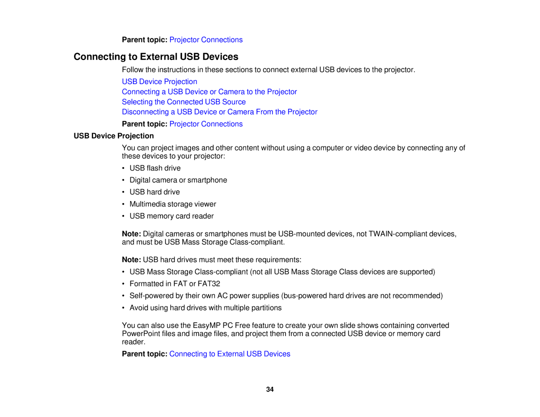 Epson 1975W, 1970W, 1985WU, 1980MWU manual Connecting to External USB Devices, USB Device Projection 