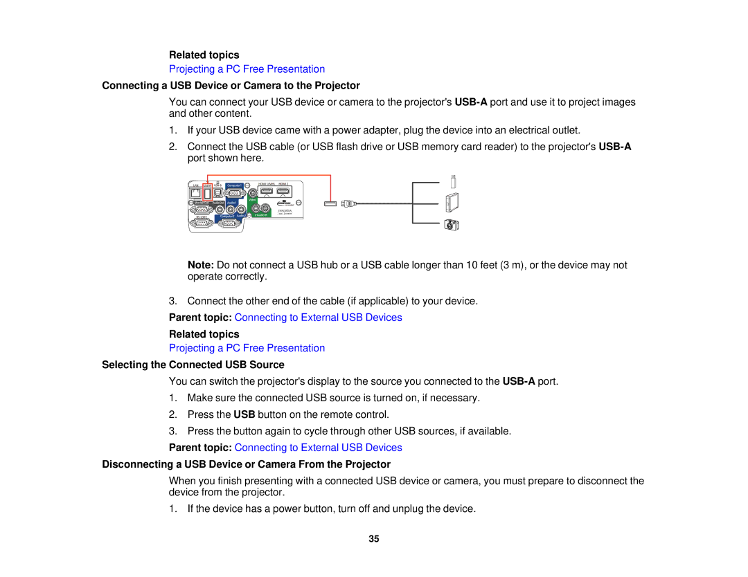 Epson 1980MWU manual Related topics, Connecting a USB Device or Camera to the Projector, Selecting the Connected USB Source 