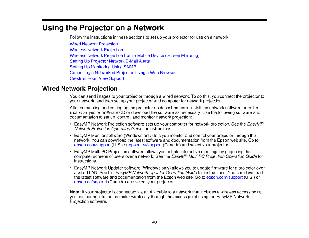 Epson 1970W, 1985WU, 1975W, 1980MWU manual Using the Projector on a Network, Wired Network Projection 