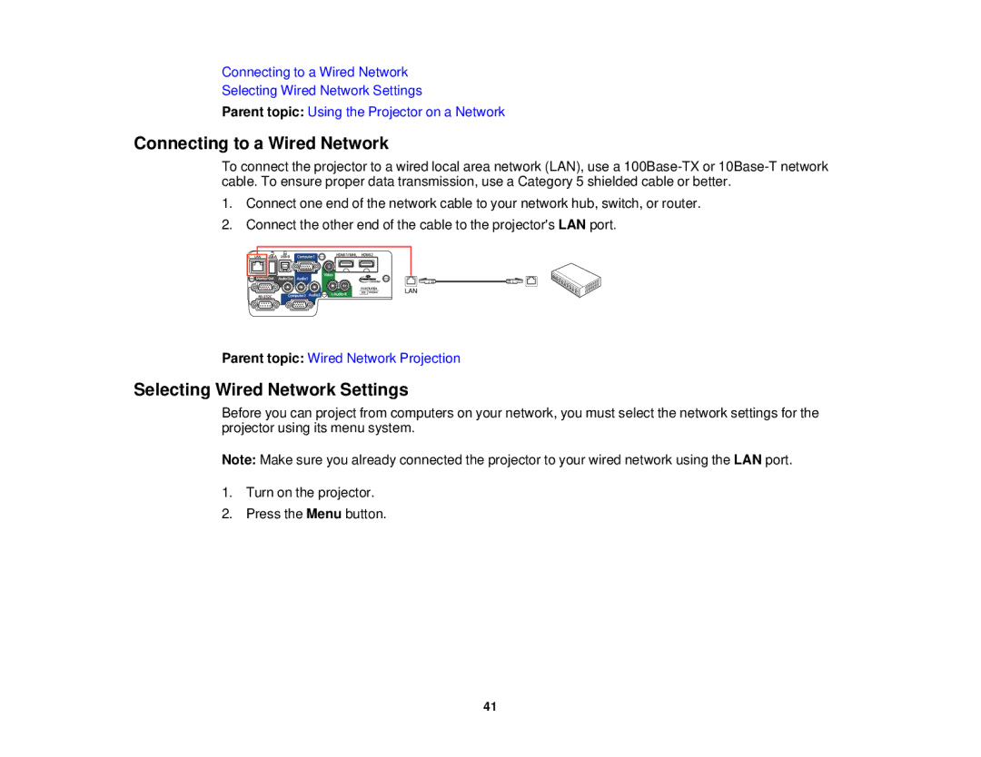 Epson 1985WU, 1970W, 1975W, 1980MWU manual Connecting to a Wired Network, Selecting Wired Network Settings 