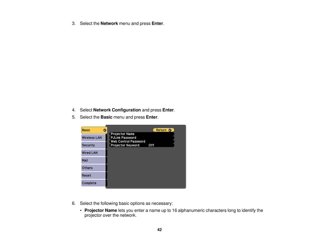 Epson 1975W, 1970W, 1985WU, 1980MWU manual Select Network Configuration and press Enter 