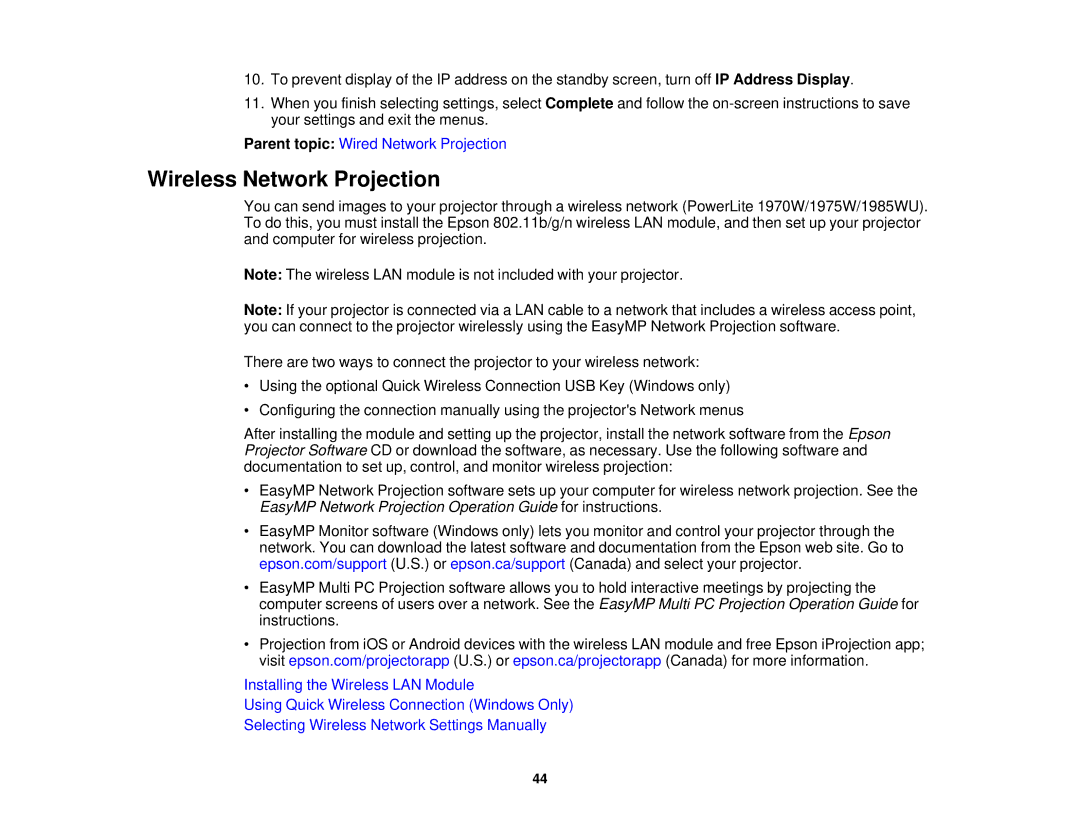 Epson 1970W, 1985WU, 1975W, 1980MWU manual Wireless Network Projection 