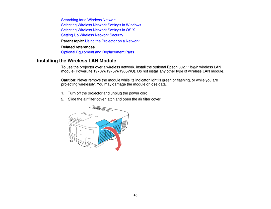 Epson 1985WU, 1970W, 1975W, 1980MWU manual Installing the Wireless LAN Module, Related references 