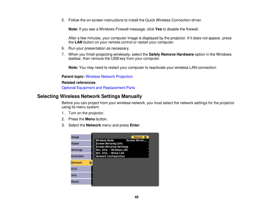 Epson 1970W, 1985WU, 1975W, 1980MWU manual Selecting Wireless Network Settings Manually 