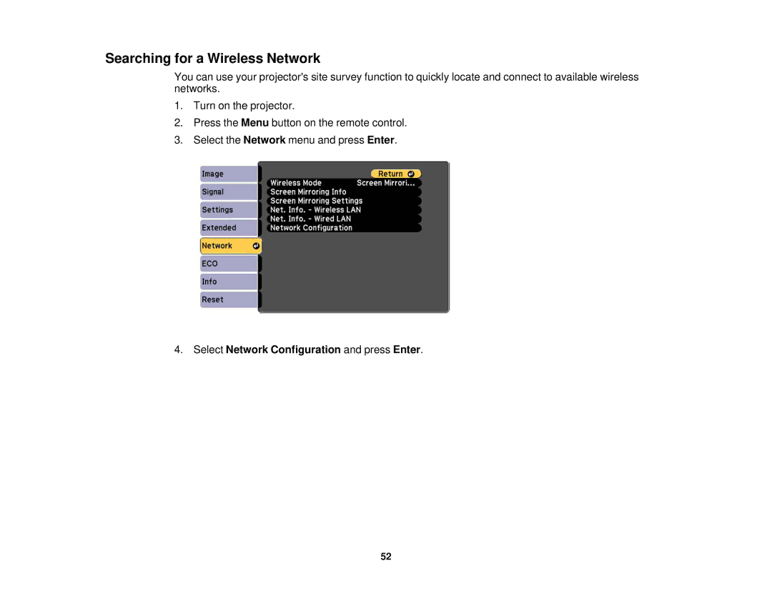 Epson 1970W, 1985WU, 1975W, 1980MWU manual Searching for a Wireless Network, Select Network Configuration and press Enter 