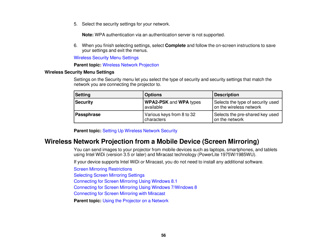 Epson 1970W manual Wireless Security Menu Settings, Setting Options Description Security WPA2-PSK and WPA types, Passphrase 