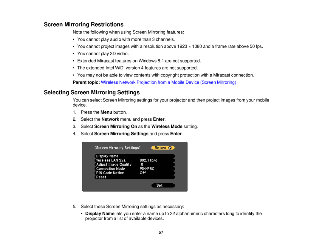 Epson 1985WU, 1970W, 1975W, 1980MWU manual Screen Mirroring Restrictions, Selecting Screen Mirroring Settings 