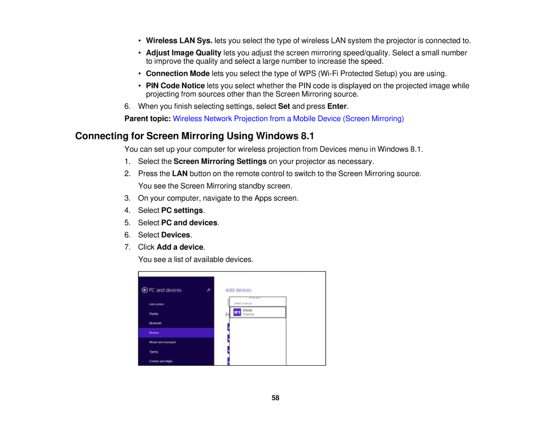 Epson 1975W Connecting for Screen Mirroring Using Windows, Select PC settings Select PC and devices, Click Add a device 