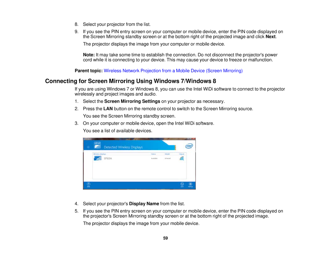 Epson 1980MWU, 1970W, 1985WU, 1975W manual Connecting for Screen Mirroring Using Windows 7/Windows 