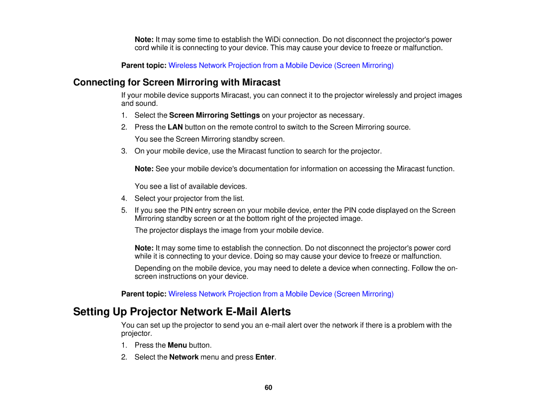 Epson 1970W, 1985WU, 1975W manual Setting Up Projector Network E-Mail Alerts, Connecting for Screen Mirroring with Miracast 