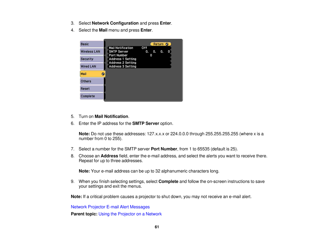 Epson 1985WU, 1970W, 1975W, 1980MWU manual Select Network Configuration and press Enter, Turn on Mail Notification 