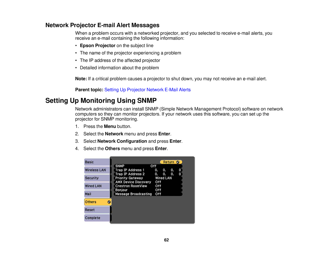 Epson 1975W, 1970W, 1985WU, 1980MWU manual Setting Up Monitoring Using Snmp, Network Projector E-mail Alert Messages 