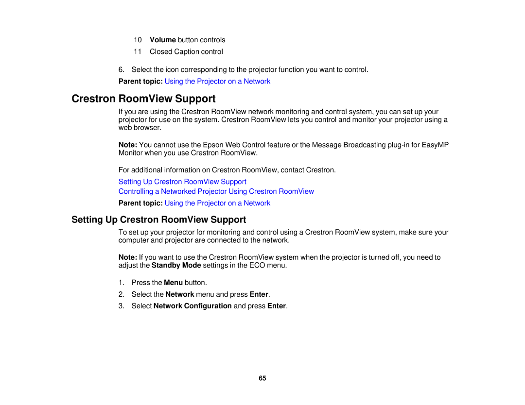 Epson 1985WU, 1970W, 1975W, 1980MWU manual Setting Up Crestron RoomView Support 