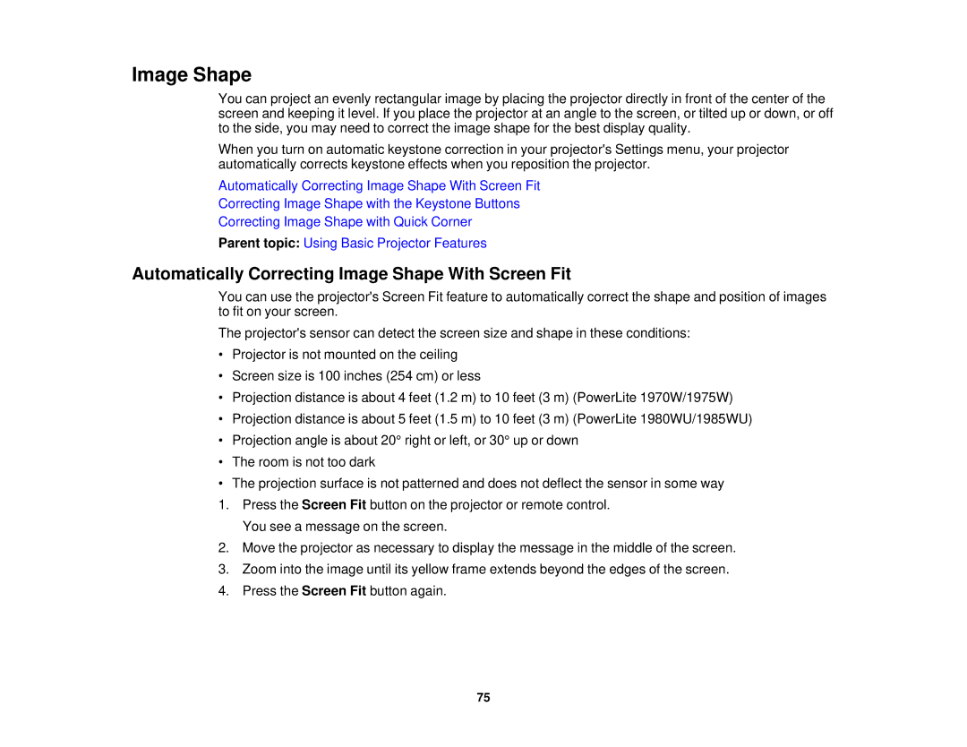 Epson 1980MWU, 1970W, 1985WU, 1975W manual Automatically Correcting Image Shape With Screen Fit 