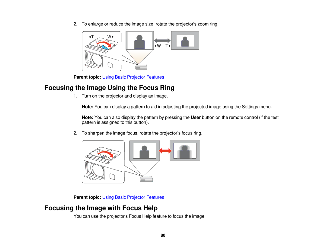 Epson 1970W, 1985WU, 1975W, 1980MWU manual Focusing the Image Using the Focus Ring, Focusing the Image with Focus Help 