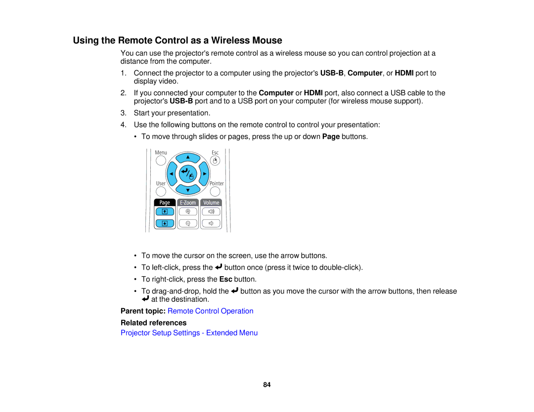 Epson 1970W, 1985WU, 1975W, 1980MWU manual Using the Remote Control as a Wireless Mouse, Related references 