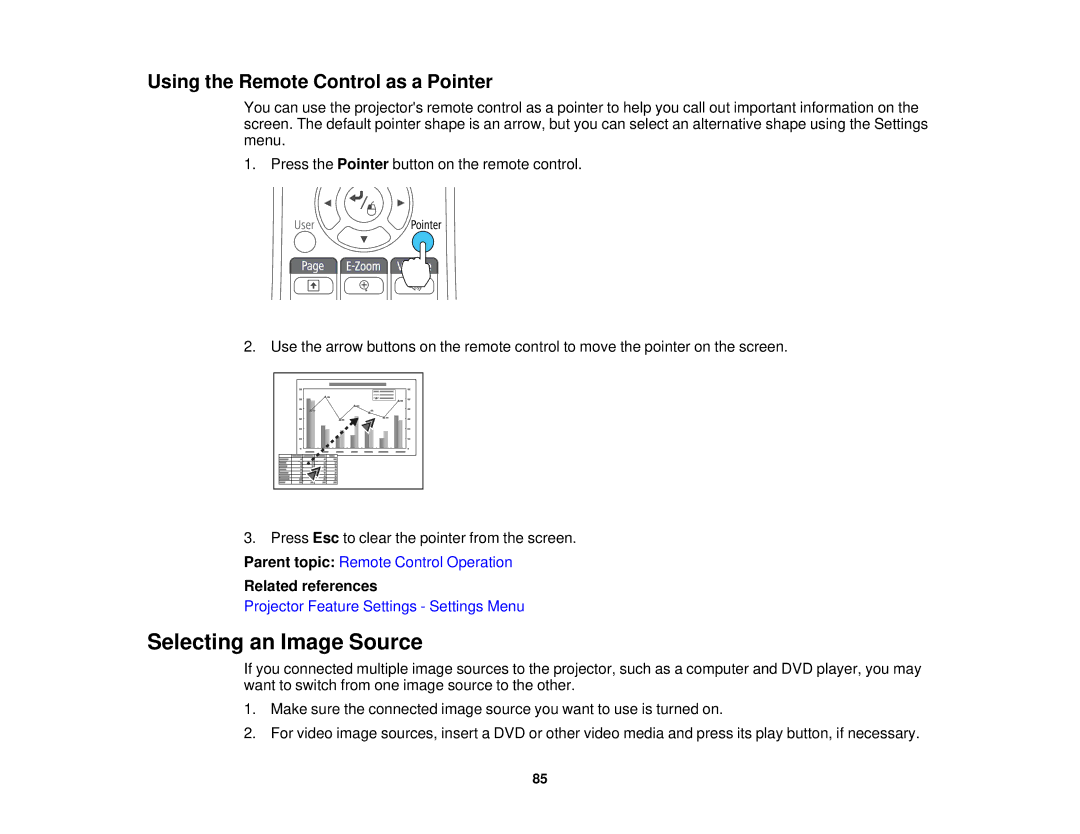 Epson 1985WU, 1970W, 1975W, 1980MWU manual Selecting an Image Source, Using the Remote Control as a Pointer 