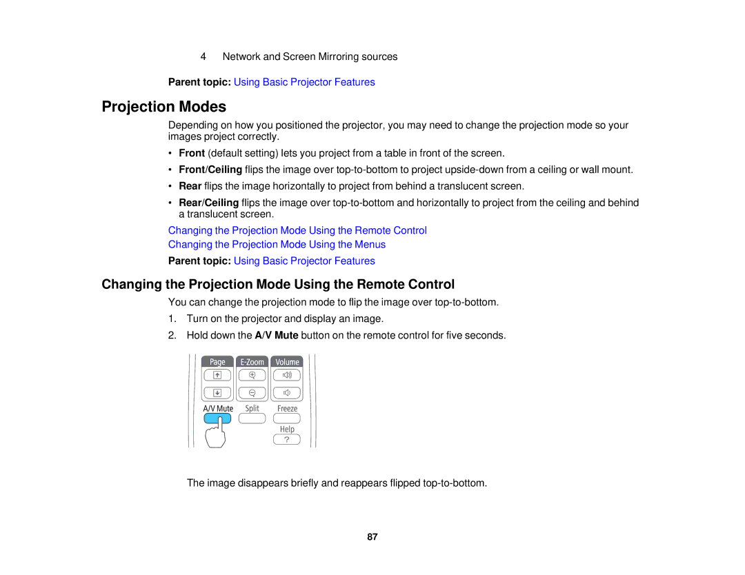 Epson 1980MWU, 1970W, 1985WU, 1975W manual Projection Modes, Changing the Projection Mode Using the Remote Control 