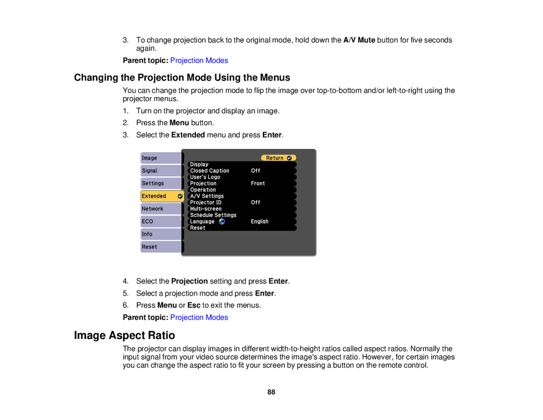 Epson 1970W, 1985WU, 1975W, 1980MWU manual Image Aspect Ratio, Changing the Projection Mode Using the Menus 