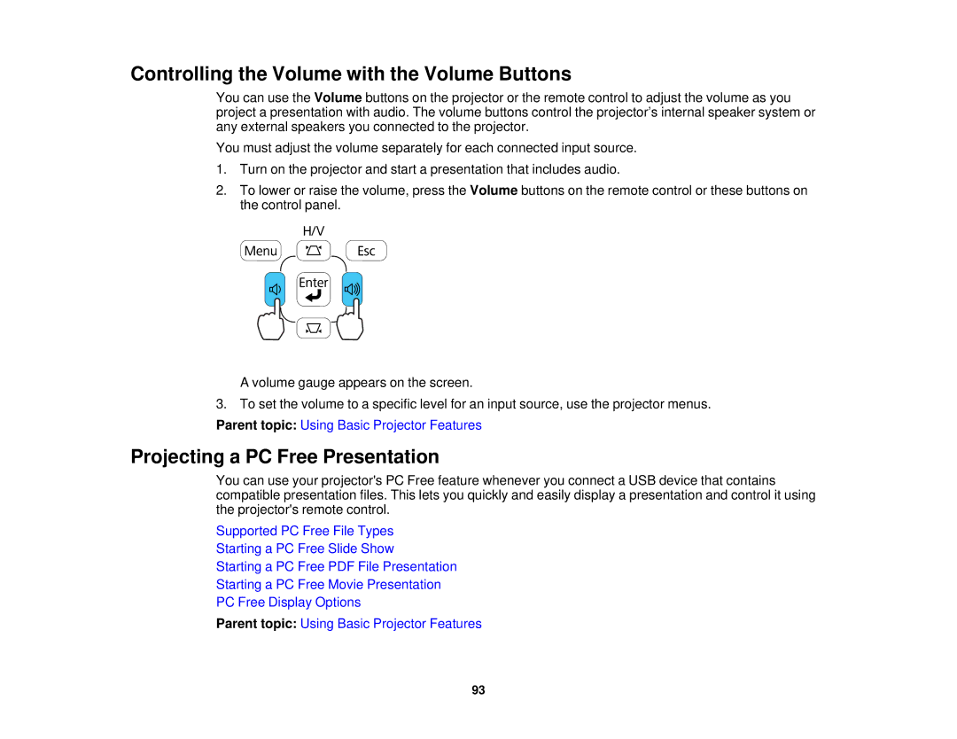 Epson 1985WU, 1970W, 1975W, 1980MWU manual Controlling the Volume with the Volume Buttons, Projecting a PC Free Presentation 