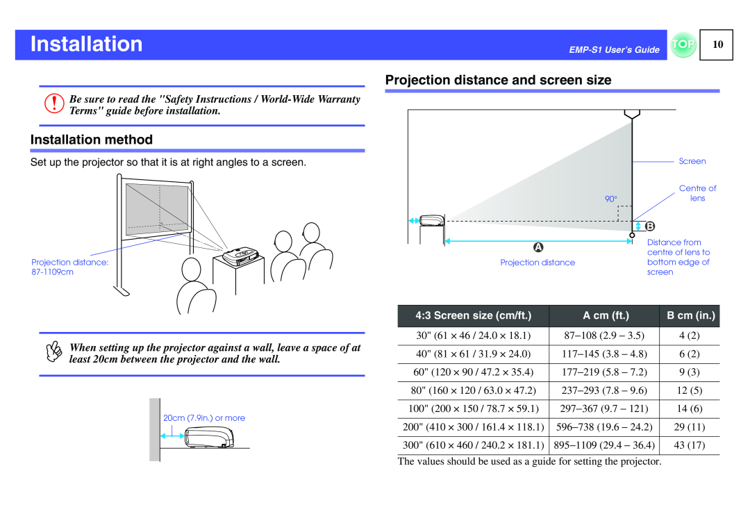Epson 1EMP-S1 manual Installation method, Projection distance and screen size, Terms guide before installation 