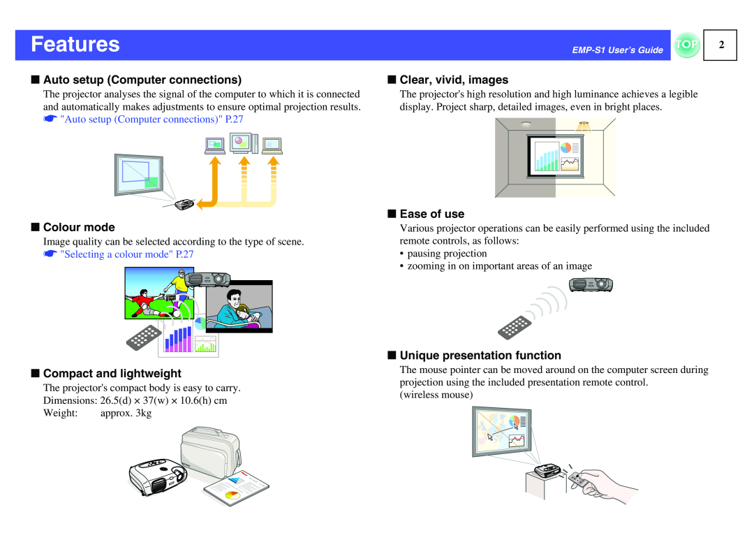 Epson 1EMP-S1 manual Features, f Auto setup Computer connections, f Colour mode, f Compact and lightweight, f Ease of use 