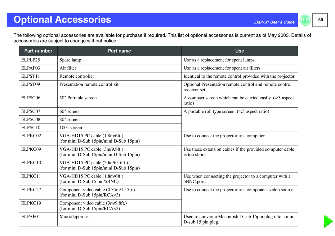 Epson 1EMP-S1 manual Optional Accessories, Part number, Part name 