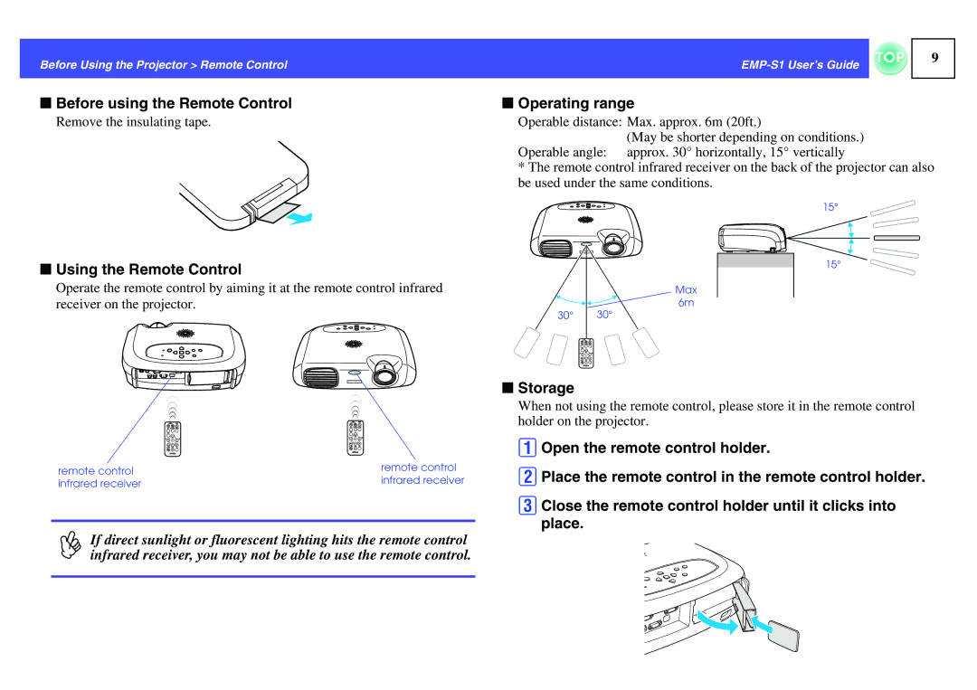 Epson 1EMP-S1 manual Before using the Remote Control Operating range, Using the Remote Control, Storage 