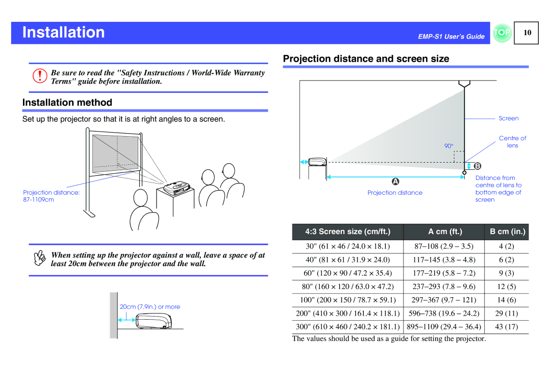 Epson 1EMP-S1 manual Installation method, Projection distance and screen size 