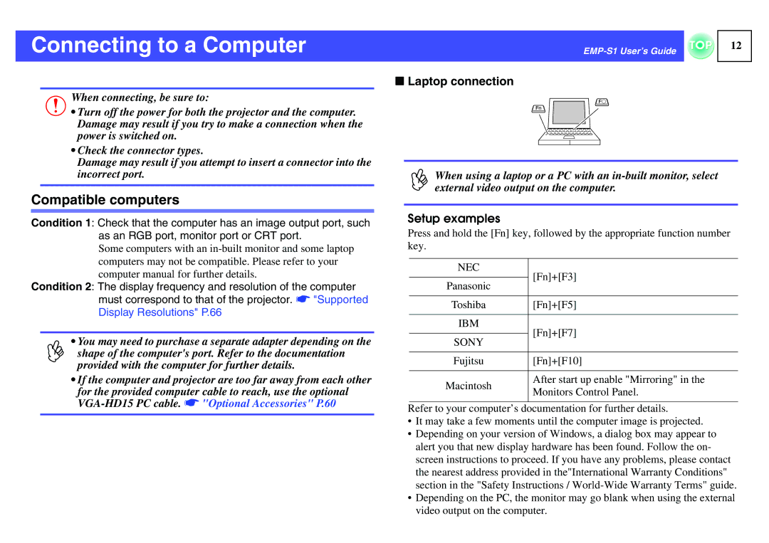 Epson 1EMP-S1 manual Connecting to a Computer, Compatible computers, Laptop connection 