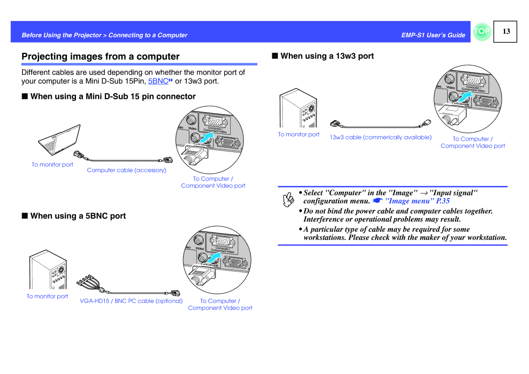 Epson 1EMP-S1 manual Projecting images from a computer, When using a Mini D-Sub 15 pin connector, When using a 5BNC port 