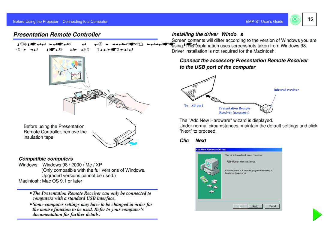 Epson 1EMP-S1 manual Presentation Remote Controller, Compatible computers, Installing the driver Windows, BClick Next 