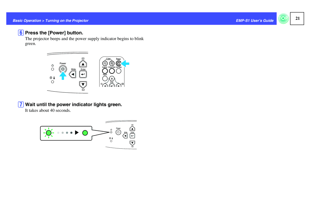 Epson 1EMP-S1 manual FPress the Power button, GWait until the power indicator lights green 