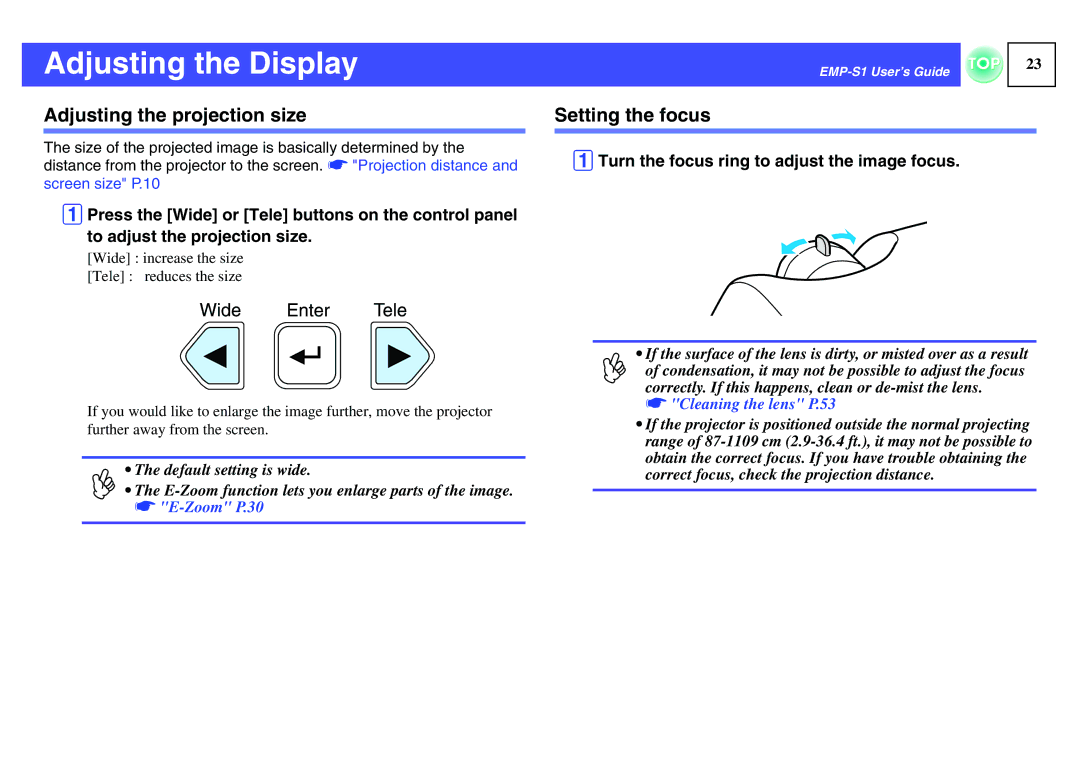 Epson 1EMP-S1 manual Adjusting the Display, Adjusting the projection size, Setting the focus 